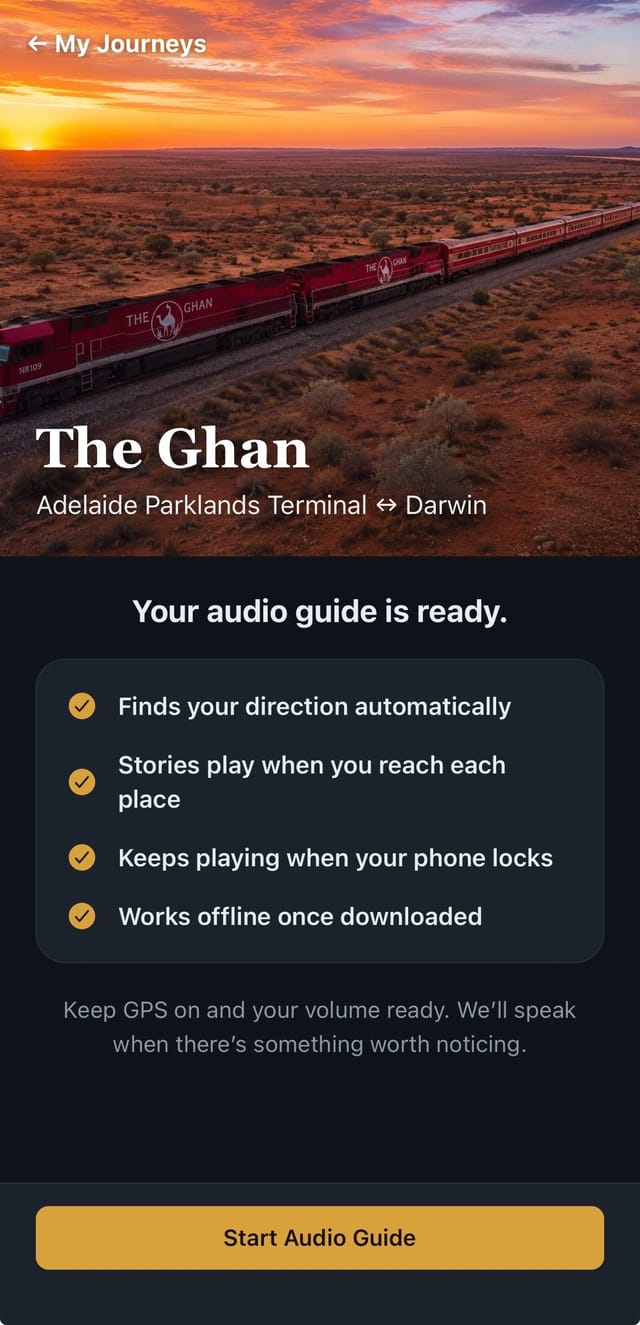 Boarding screen for The Ghan confirming the audio guide is ready, with a Start Audio Guide button