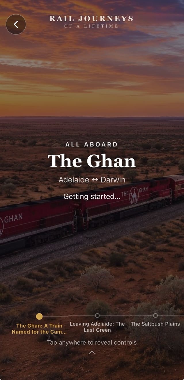 Live ride screen on The Ghan showing the story timeline with the first story playing